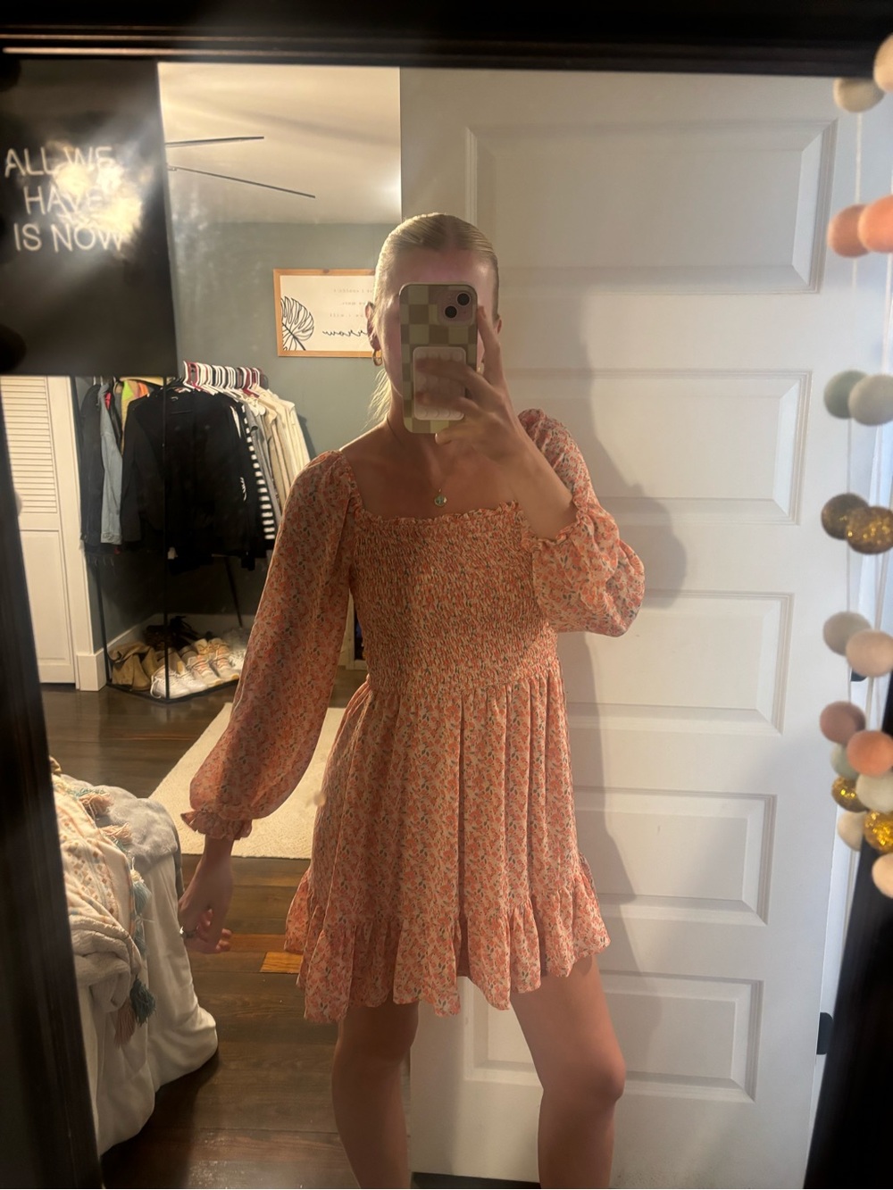 As U Wish Peach Floral Smocked Mini Dress